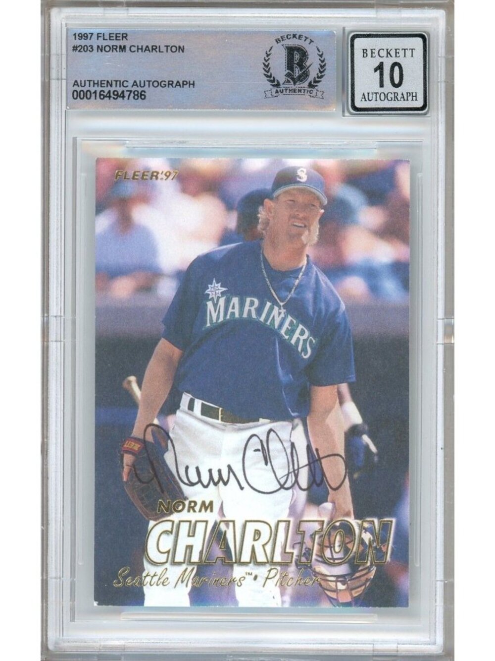 Norm Charlton Signed 1997 Fleer #203 Seattle Mariners BAS Slab BGS Auto 10 MLB